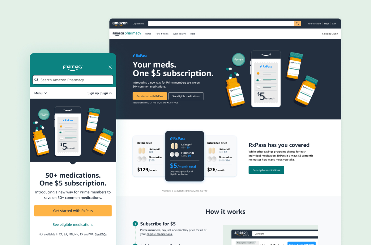Amazon Pharmazy web and mobile concepts